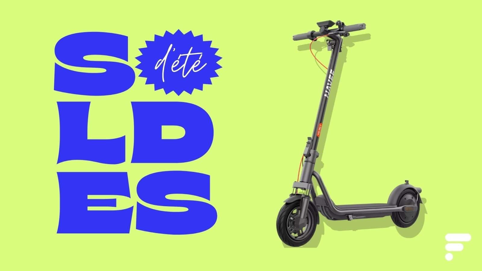 Soldes d'été : La Trottinette Électrique Navee V40i Pro II Fait une Entrée Remarquée chez Boulanger ! 3 Une trottinette électrique Navee V40i Pro II de couleur noire, élégante et robuste, garée sur un trottoir urbain, avec son guidon replié pour illustrer sa compacité.