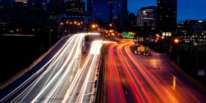 Cars on a highway, with a speedometer highlighting the minimal time saved versus fuel consumed by speeding.