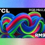 An 85-inch TCL RM9L RGB-Mini LED television on a stand, showcasing its large, vibrant display.