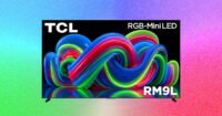 An 85-inch TCL RM9L RGB-Mini LED television on a stand, showcasing its large, vibrant display.
