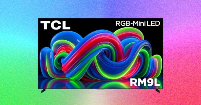 An 85-inch TCL RM9L RGB-Mini LED television on a stand, showcasing its large, vibrant display.