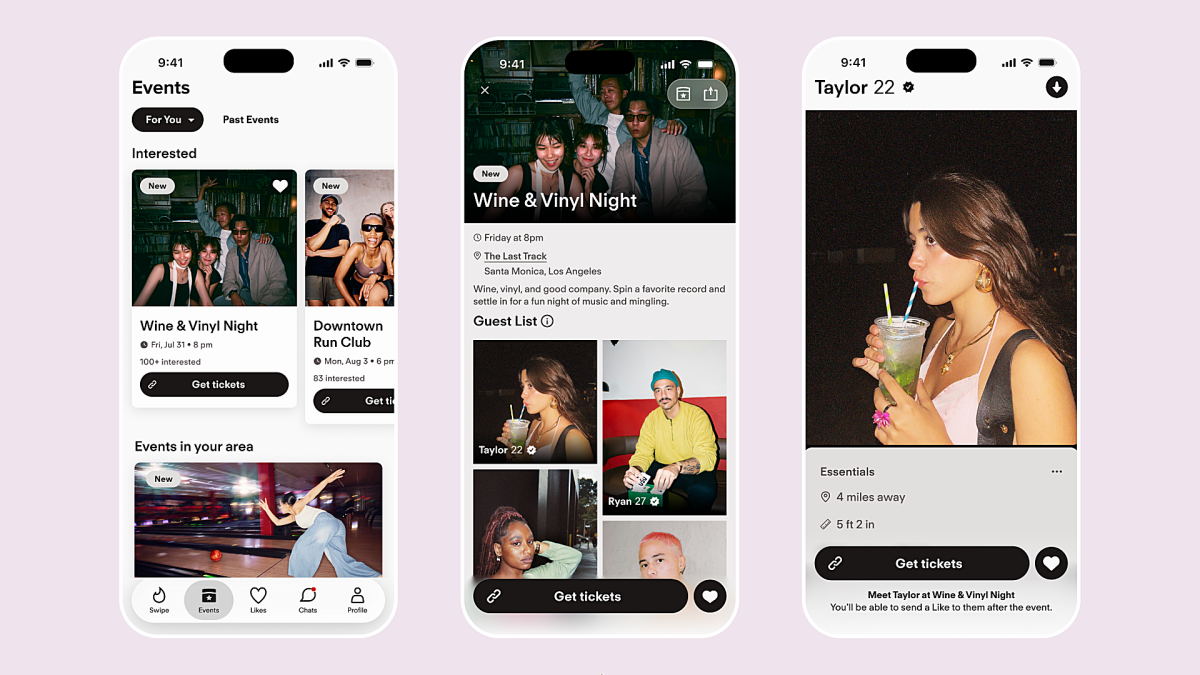 Tinder app interface showcasing the new 'Events' feature for discovering local activities and connecting with attendees.