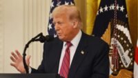 President Donald Trump at the White House speaking before signing the Guiding and Establishing National Innovation for U.S. Stablecoins (GENIUS) Act into law in July 2025.