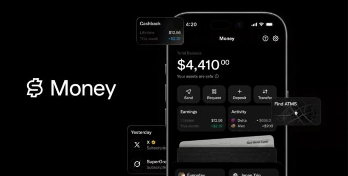 X Money app logo with an X Visa debit card, symbolizing financial services on the X platform.
