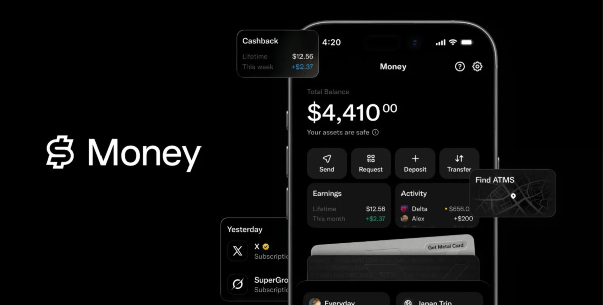 X Money app logo with an X Visa debit card, symbolizing financial services on the X platform.