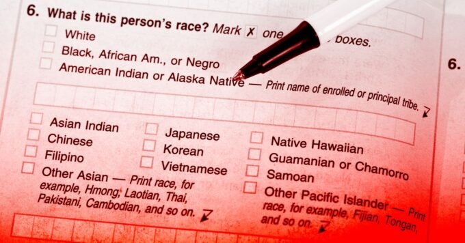Illustration of census forms or data collection with diverse people