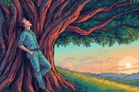A person sitting peacefully in the branches of a large, ancient banyan tree, surrounded by lush greenery.