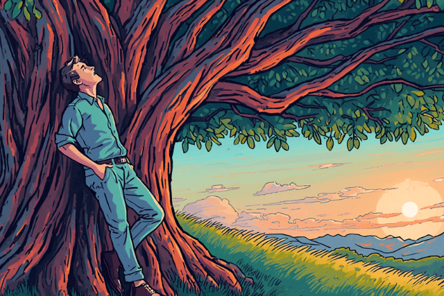A person sitting peacefully in the branches of a large, ancient banyan tree, surrounded by lush greenery.