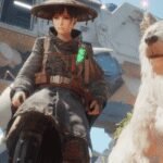 Artwork from Beast of Reincarnation featuring the protagonist Emma and her dog companion in a futuristic, blighted landscape