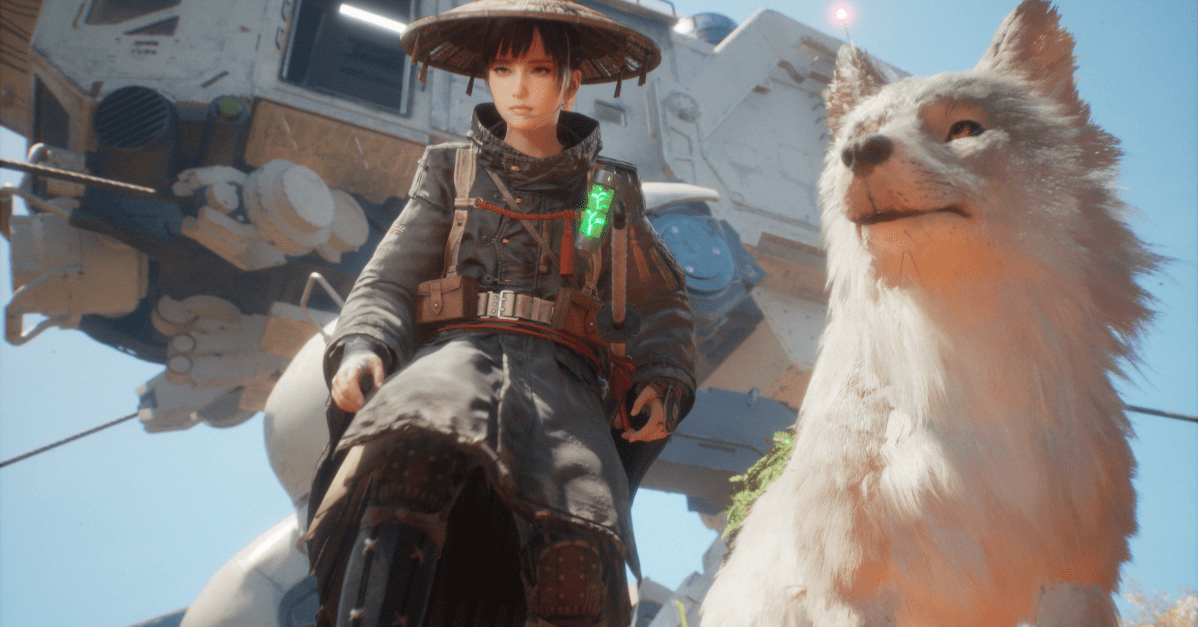 Artwork from Beast of Reincarnation featuring the protagonist Emma and her dog companion in a futuristic, blighted landscape