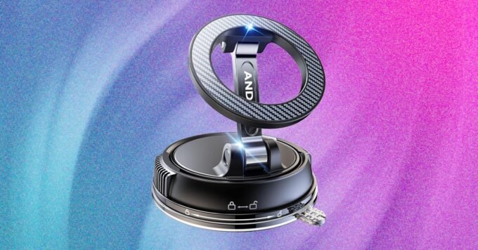 A close-up view of the Andery MagSafe Car Phone Holder and Andobil Universal Car Phone Mount securely attached to a car dashboard.