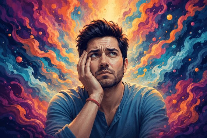 A person looking thoughtfully at a clogged sink, with thought bubbles showing chaotic scenarios.