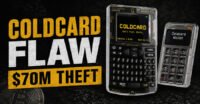 Illustration of a Coldcard hardware wallet with a Bitcoin symbol, representing the security flaw and the significant Bitcoin theft.