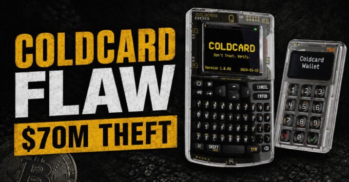 Illustration of a Coldcard hardware wallet with a Bitcoin symbol, representing the security flaw and the significant Bitcoin theft.