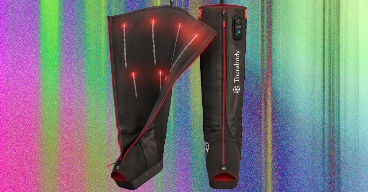 A person's legs wearing modern compression boots, illustrating advanced muscle recovery technology.