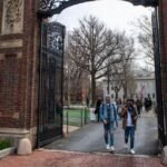 Vue panoramique d'un campus universitaire américain emblématique, avec des étudiants marchant entre des bâtiments historiques sous un ciel nuageux, symbolisant les défis actuels de l'enseignement supérieur.