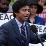 U.S. Representative Shri Thanedar speaking at an event, representing a crypto-backed candidate.