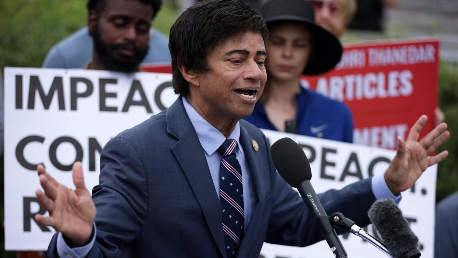 U.S. Representative Shri Thanedar speaking at an event, representing a crypto-backed candidate.