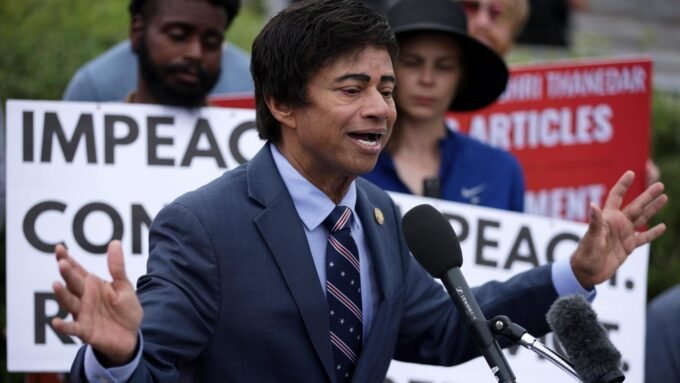 U.S. Representative Shri Thanedar speaking at an event, representing a crypto-backed candidate.