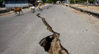 صورة تظهر تشققات في الأرض أو مبان متضررة بعد زلزال في إندونيسيا، مع خلفية لجزيرة فلوريس.