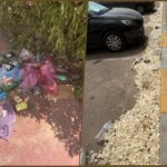 صورة لمجمع سكني يعاني من الإهمال في النظافة وصيانة المساحات الخضراء، مع وجود كاميرات مراقبة مثيرة للجدل.