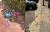صورة لمجمع سكني يعاني من الإهمال في النظافة وصيانة المساحات الخضراء، مع وجود كاميرات مراقبة مثيرة للجدل.