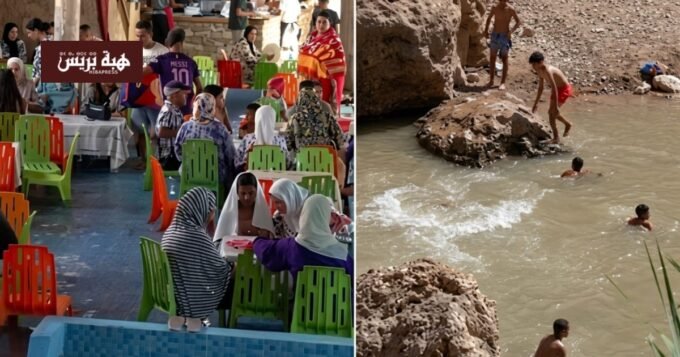 منظر طبيعي لواحة كفايت الخضراء في إقليم جرادة بعد الأمطار الغزيرة، يظهر الجبال والبساتين ومجاري المياه.