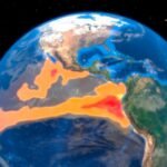 Satellite view of the Pacific Ocean showing warmer than average sea surface temperatures indicative of an El Niño event.