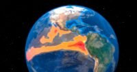 Satellite view of the Pacific Ocean showing warmer than average sea surface temperatures indicative of an El Niño event.