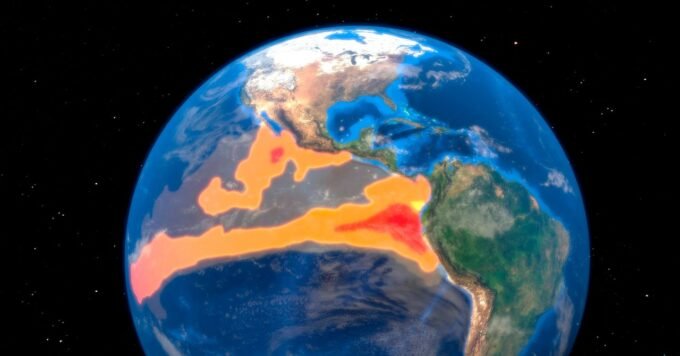 Satellite view of the Pacific Ocean showing warmer than average sea surface temperatures indicative of an El Niño event.