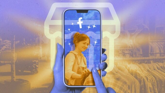 A person browsing items on Facebook Marketplace on a smartphone, with various second-hand goods like furniture and electronics in the background.