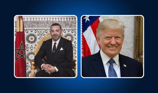 Le président Donald Trump et le roi Mohammed VI, symbolisant l'alliance maroco-américaine renforcée et la reconnaissance du Sahara marocain.