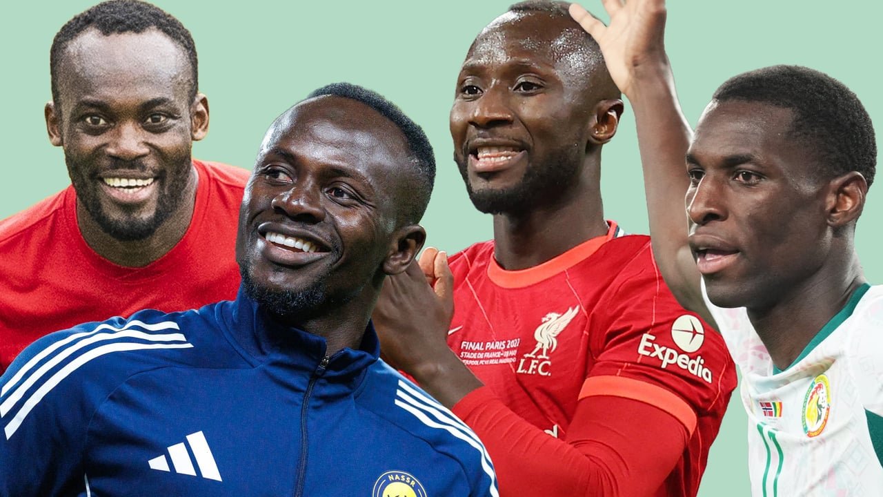 Michael Essien, Sadio Mané, Naby Keita, Nicolas Jackson, des footballeurs africains célèbres, illustrant l'exportation de talents du continent.