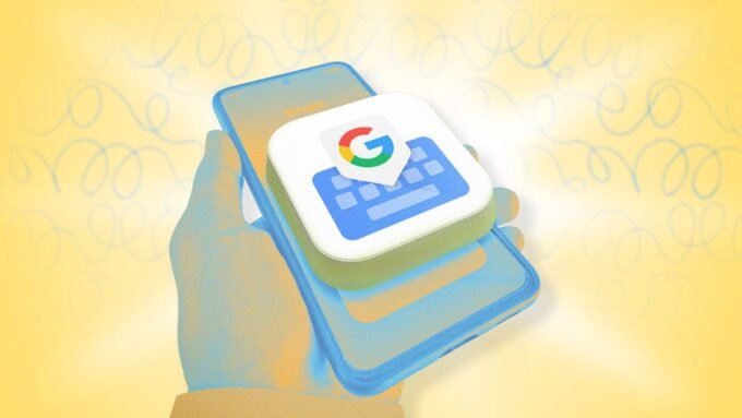 A smartphone screen displaying the Gboard keyboard with various features highlighted, representing enhanced typing productivity.