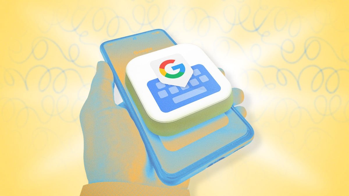 A smartphone screen displaying the Gboard keyboard with various features highlighted, representing enhanced typing productivity.