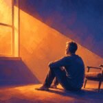 A solitary figure sitting in a sunlit room, contemplating, symbolizing introspection and finding inner peace after loss.