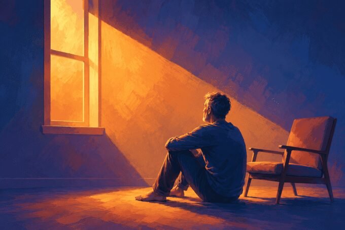 A solitary figure sitting in a sunlit room, contemplating, symbolizing introspection and finding inner peace after loss.