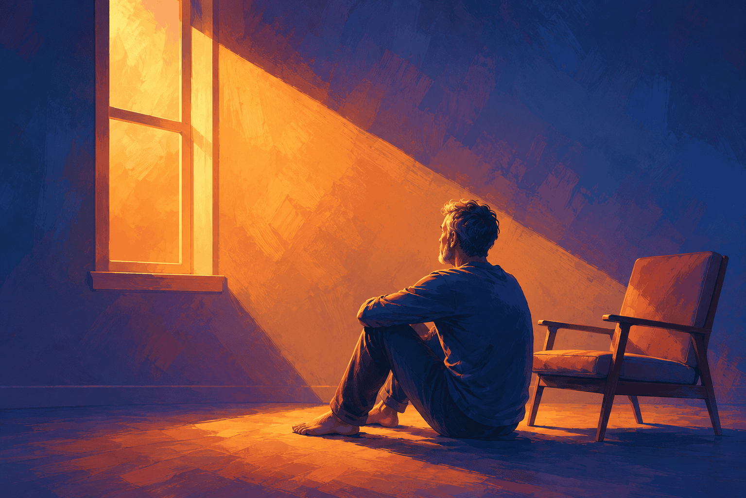 A solitary figure sitting in a sunlit room, contemplating, symbolizing introspection and finding inner peace after loss.