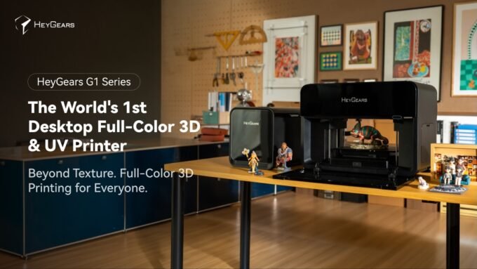 HeyGears G1 Series desktop full-color 3D and UV printer showcasing its modular design and vibrant print capabilities.