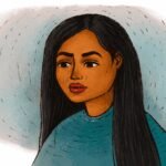 A person looking thoughtfully into the distance, with a faint blue or grey filter over the scene, symbolizing underlying sadness affecting perception.