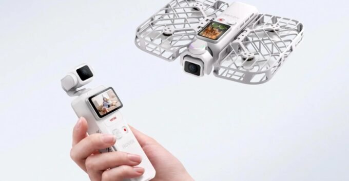 HoverAir Versa flying camera with detachable propellers in flight.