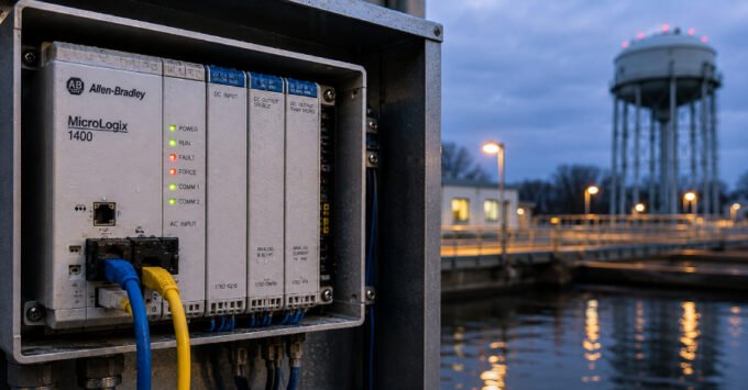 Cyber Alarms Ring: Thousands of Industrial PLCs Exposed Online, Water Utilities at Risk 9 A digital representation of a Rockwell PLC connected to a vulnerable network, highlighting cybersecurity risks to industrial control systems.