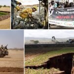 Infographies : L'Afrique se Révèle, du Rift aux Droits Humains 6 Montage d'images illustrant les sujets de l'article : une carte de l'Afrique, des soldats au Sahel, des produits agricoles et des symboles de diversité.