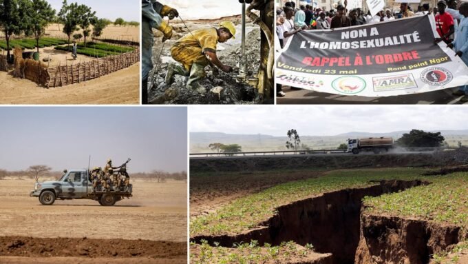 Montage d'images illustrant les sujets de l'article : une carte de l'Afrique, des soldats au Sahel, des produits agricoles et des symboles de diversité.