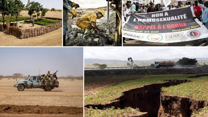 Montage d'images illustrant les sujets de l'article : une carte de l'Afrique, des soldats au Sahel, des produits agricoles et des symboles de diversité.