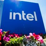 Intel logo alongside a graphic representing artificial intelligence and financial growth