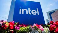 Intel logo alongside a graphic representing artificial intelligence and financial growth