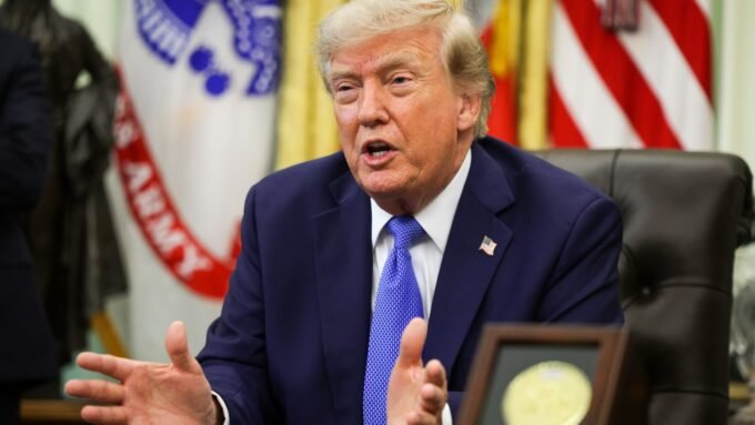 U.S. President Donald Trump speaks during an event in the Oval Office of the White House