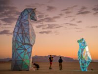 Jen Lewin's 'The Ursas' sculptures, Ursa Major and Ursa Minor, installed along the Gowanus Canal in Brooklyn, featuring reflective surfaces and LED lighting.