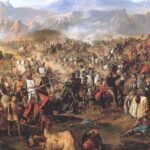 Illustration dramatique de la Bataille d'Oued Al Makhazin, également connue sous le nom de Bataille des Trois Rois, montrant des cavaliers et des soldats en plein combat.